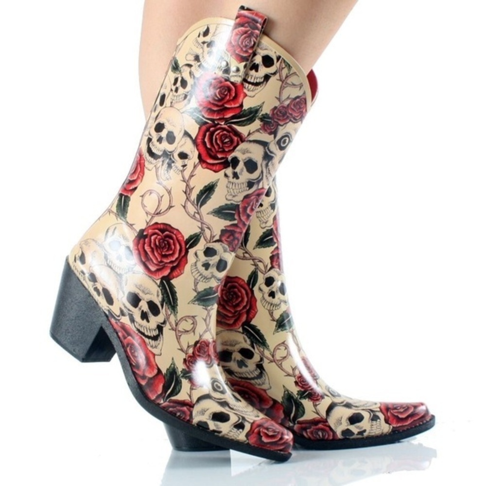 Women’s 11 Skull Rose Cowboy Boots Waterproof Rubber Nomad Footwear